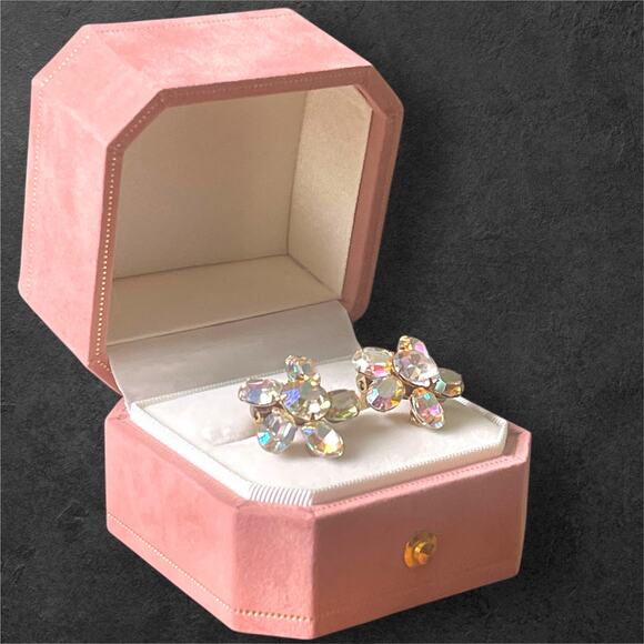 Vintage Weiss Flower Earrings Prong Set AB Crystal Clip On Aurora Borealis - Picture 7 of 13